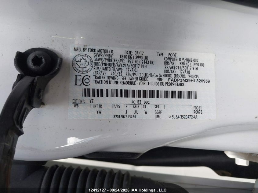 2017 Ford Focus Sel VIN: 1FADP3M29HL320959 Lot: 12412127