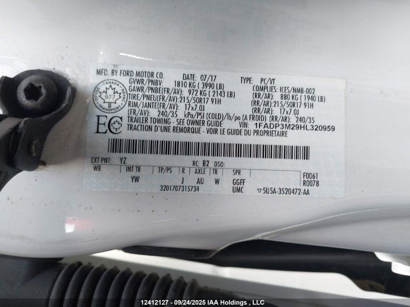 2017 Ford Focus Sel VIN: 1FADP3M29HL320959 Lot: 12412127