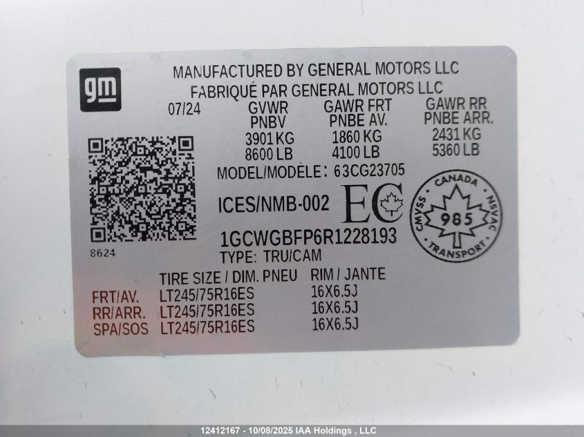 2024 Chevrolet Express G2500 VIN: 1GCWGBFP6R1228193 Lot: 12412167