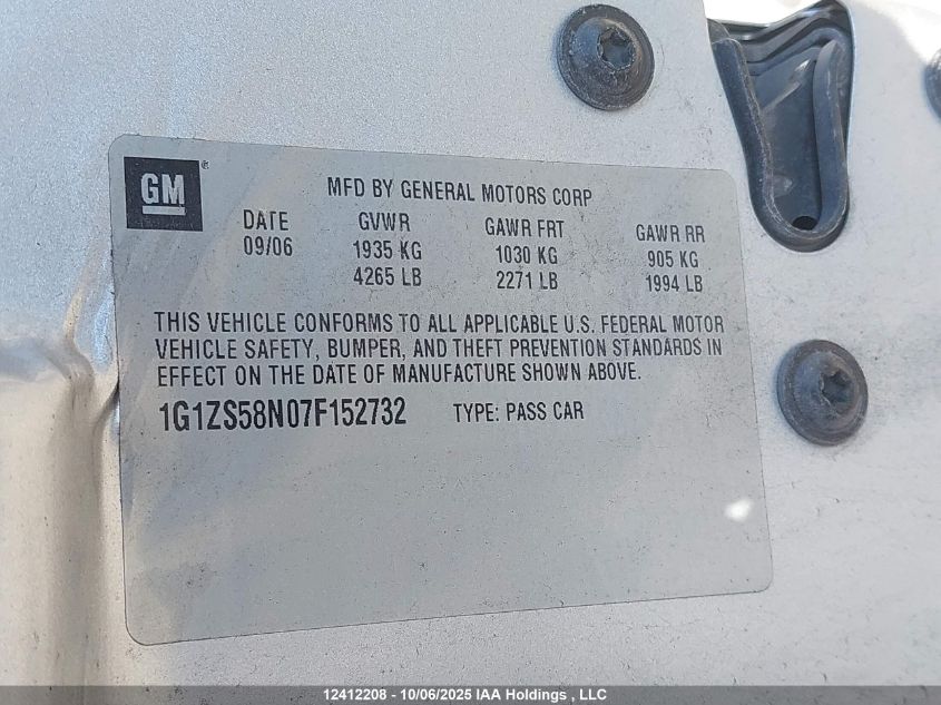 2007 Chevrolet Malibu VIN: 1G1ZS58N07F152732 Lot: 12412208