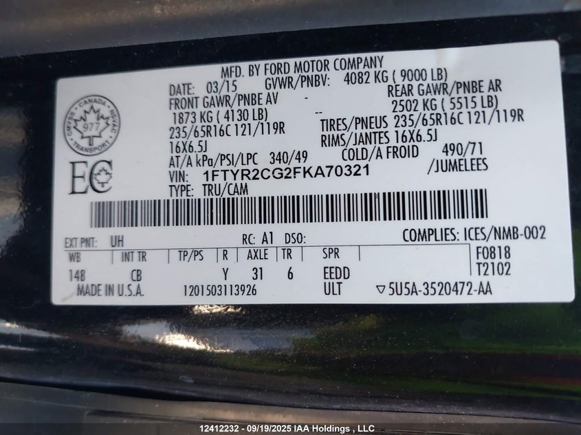 1FTYR2CG2FKA70321 2015 FORD TRANSIT photo no. 9