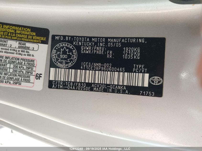 2006 Toyota Solara Se VIN: 4T1CE38P96U600465 Lot: 12412248