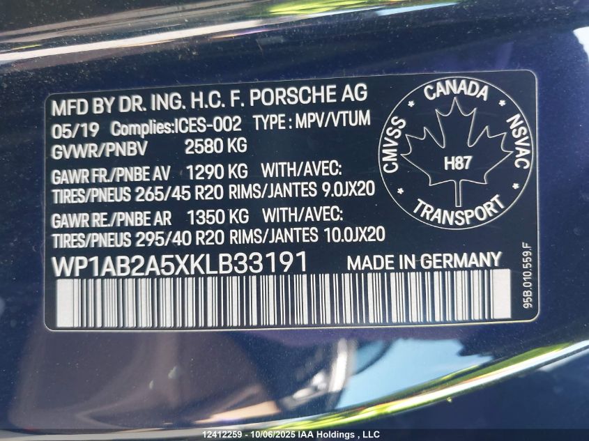 2019 Porsche Macan S VIN: WP1AB2A5XKLB33191 Lot: 12412259