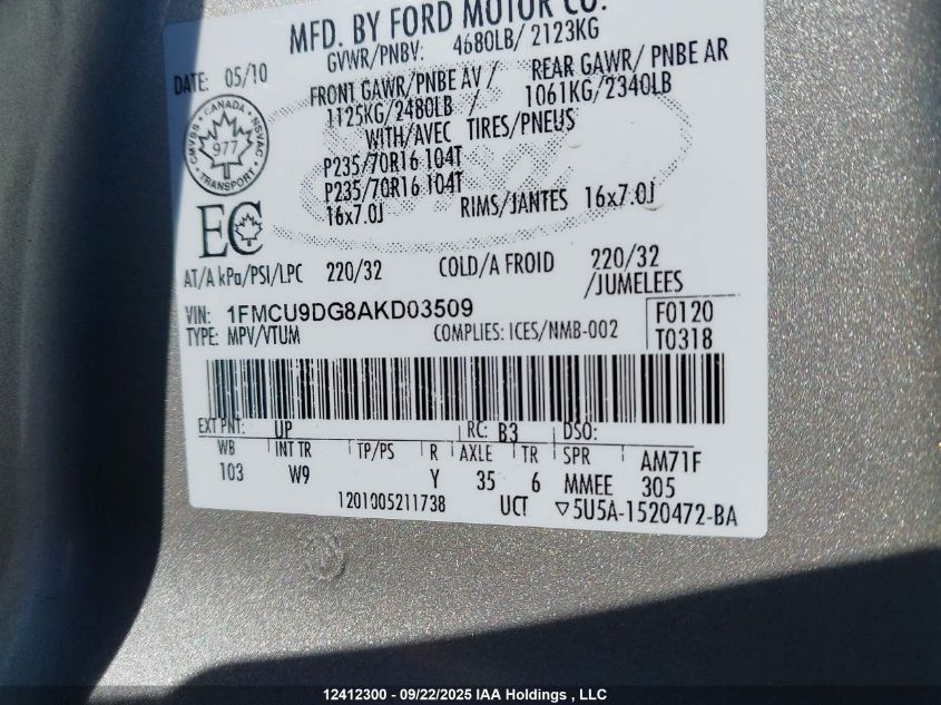 2010 Ford Escape Xlt VIN: 1FMCU9DG8AKD03509 Lot: 12412300