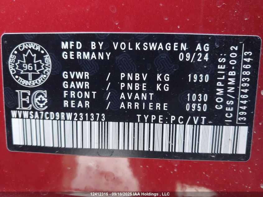 2024 Volkswagen Golf Gti 380 Autobahn VIN: WVWSA7CD9RW231373 Lot: 12412315