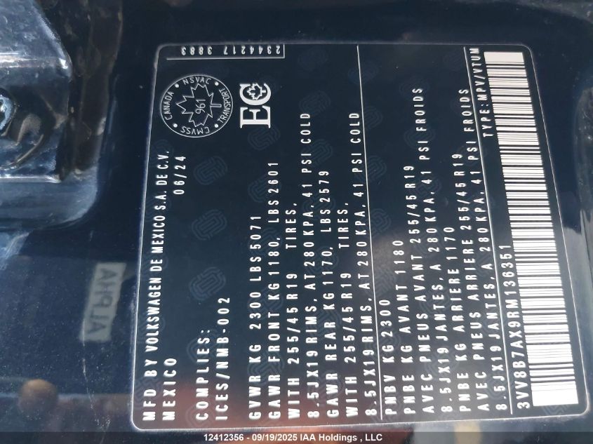 2024 Volkswagen Tiguan Comfortline R-Line Black Edition VIN: 3VV8B7AX9RM136351 Lot: 12412356