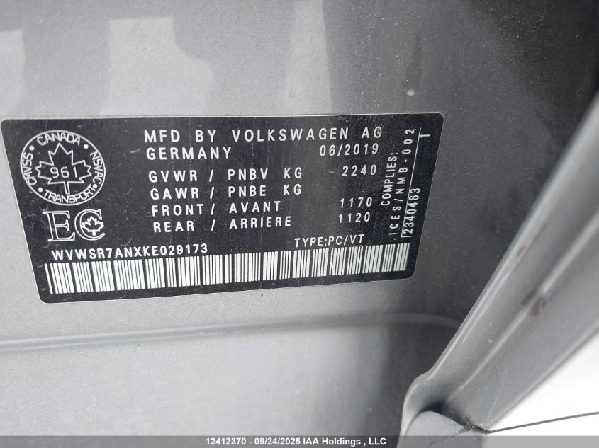 2019 Volkswagen Arteon Sel VIN: WVWSR7ANXKE029173 Lot: 12412370