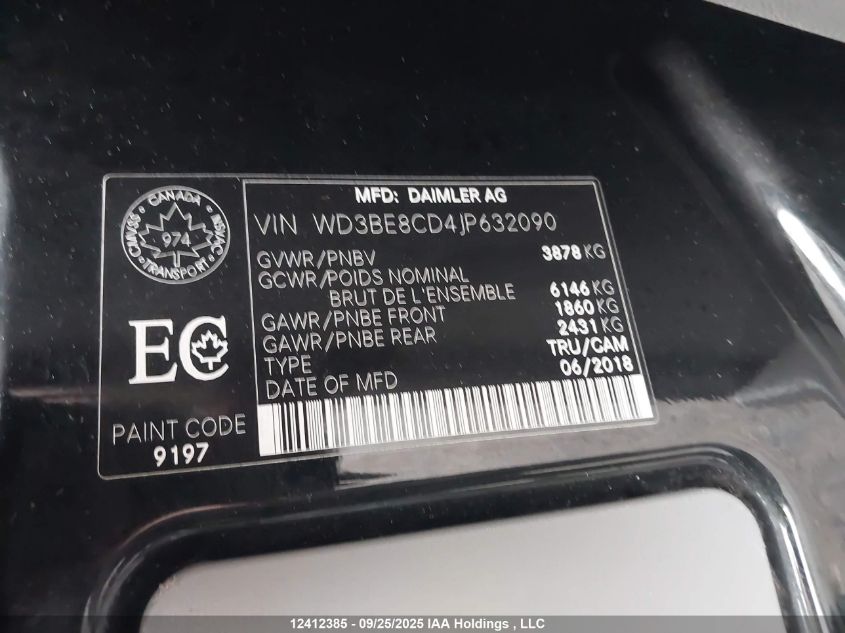 2018 Mercedes-Benz Sprinter 2500 VIN: WD3BE8CD4JP632090 Lot: 12412385