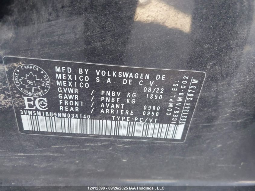2022 Volkswagen Jetta Comfortline VIN: 3VWSM7BU9NM034140 Lot: 12412390