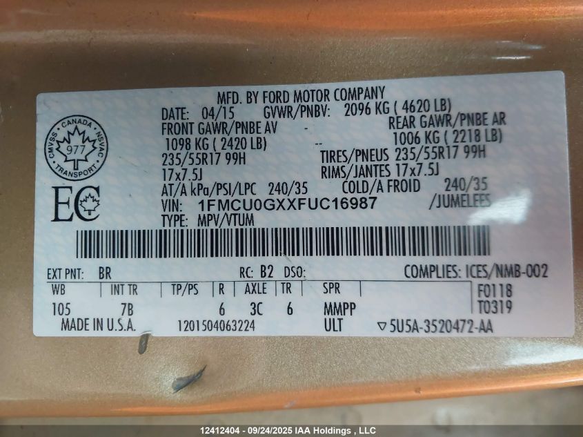 2015 Ford Escape VIN: 1FMCU0GXXFUC16987 Lot: 12412404