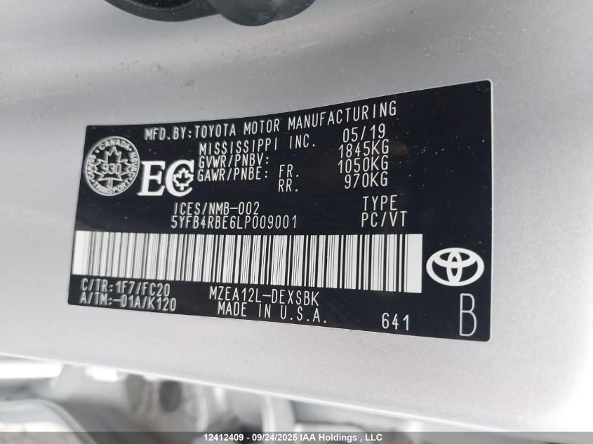 2020 Toyota Corolla Se/Xse VIN: 5YFB4RBE6LP009001 Lot: 12412409