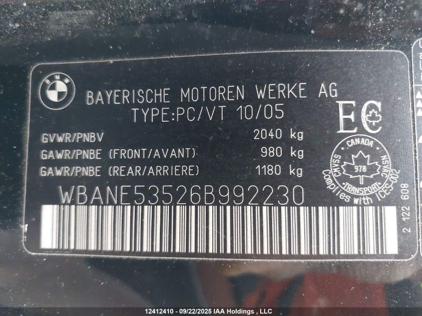 2006 BMW 525I VIN: WBANE53526B992230 Lot: 12412410