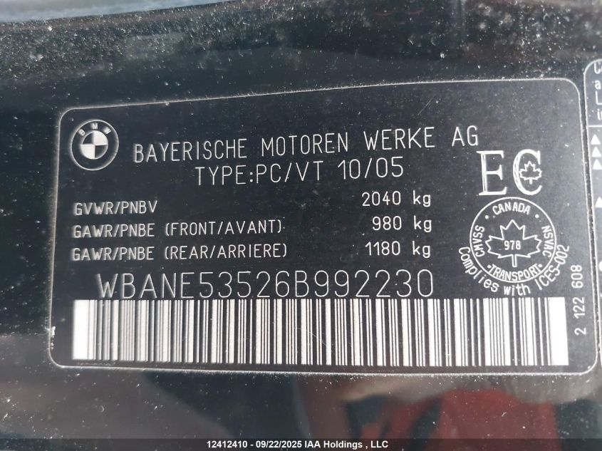 2006 BMW 525I VIN: WBANE53526B992230 Lot: 12412410