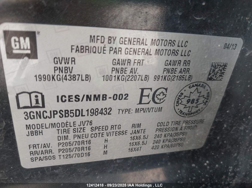 2013 Chevrolet Trax 1Lt VIN: 3GNCJPSB5DL198432 Lot: 12412418