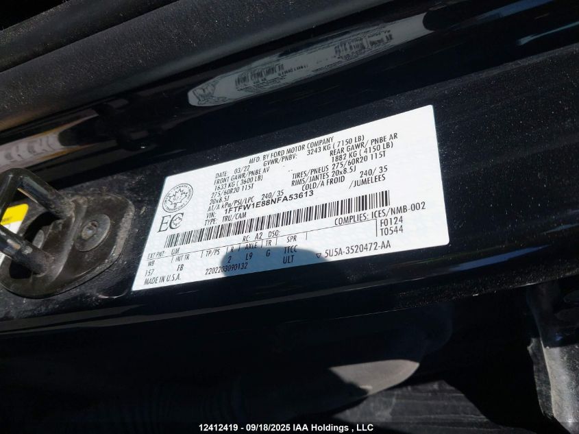 2022 Ford F150 Supercrew VIN: 1FTFW1E88NFA53613 Lot: 12412419