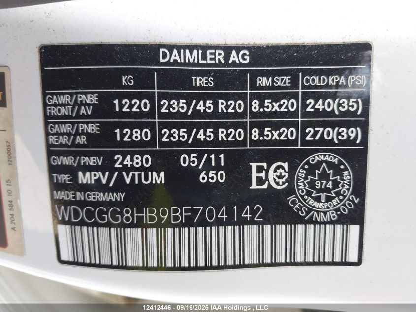 2011 Mercedes-Benz Glk 350 4Matic VIN: WDCGG8HB9BF704142 Lot: 12412446