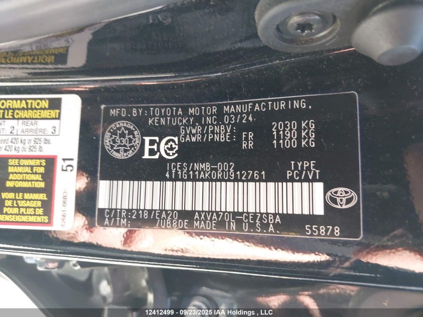 2024 Toyota Camry Se Night Shade/Se VIN: 4T1G11AK0RU912761 Lot: 12412499
