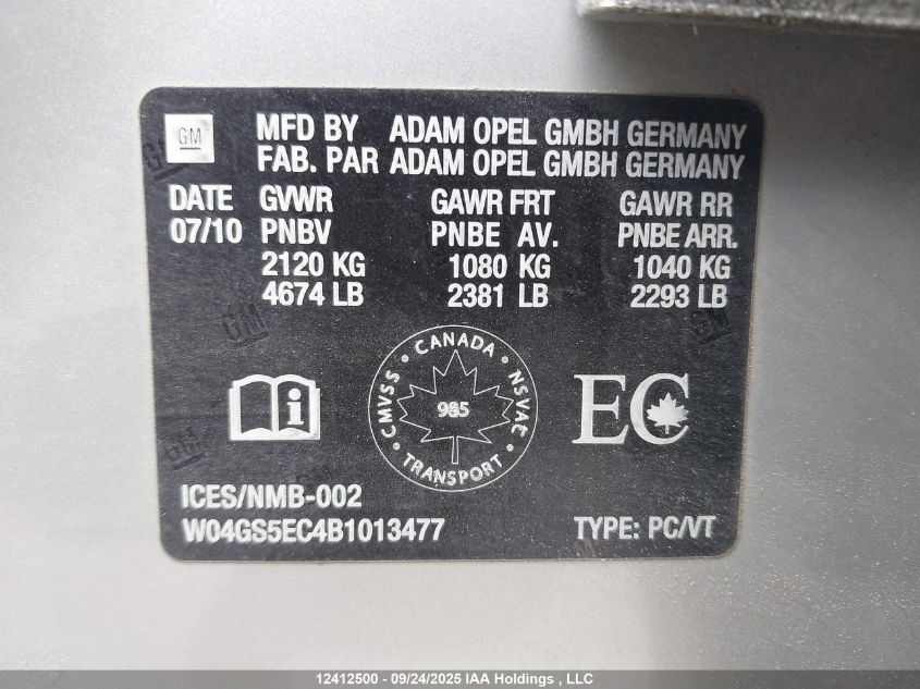 2011 Buick Regal Cxl VIN: W04GS5EC4B1013477 Lot: 12412500