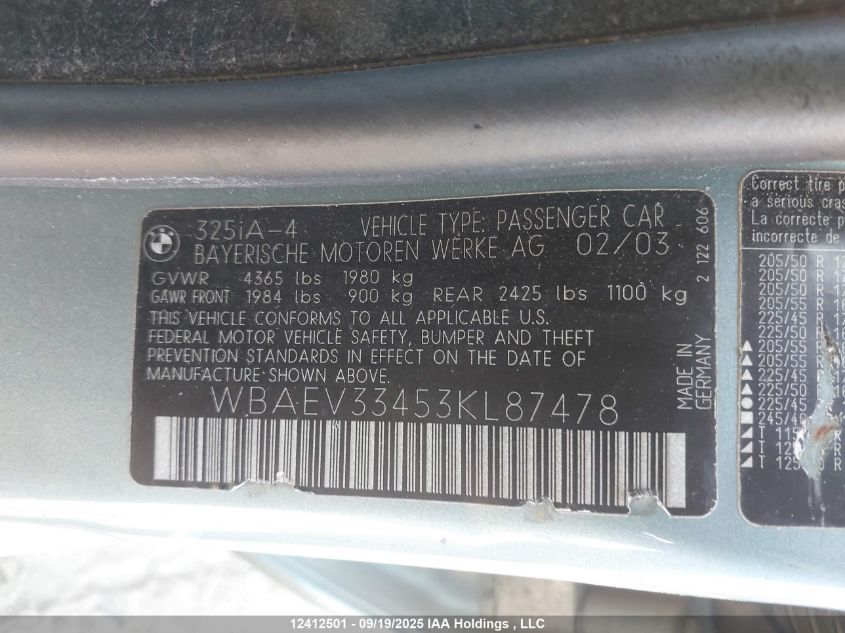 2003 BMW 325I VIN: WBAEV33453KL87478 Lot: 12412501