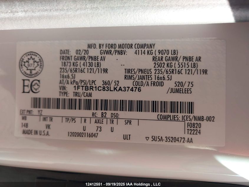 2020 Ford Transit T-250 VIN: 1FTBR1C83LKA37476 Lot: 12412551