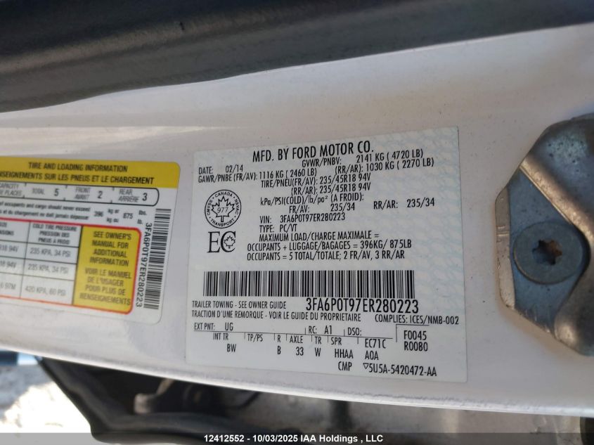 2014 Ford Fusion VIN: 3FA6P0T97ER280223 Lot: 12412552