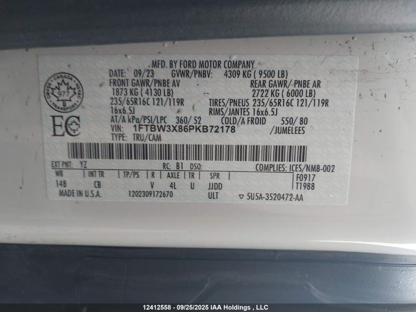 2023 Ford Transit T-350 VIN: 1FTBW3X86PKB72178 Lot: 12412558