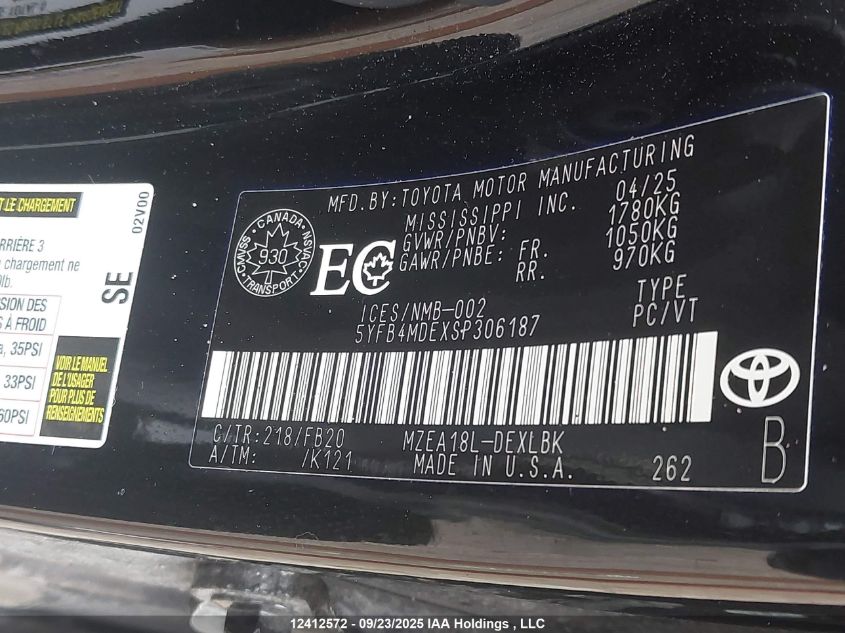 2025 Toyota Corolla Le VIN: 5YFB4MDEXSP306187 Lot: 12412572