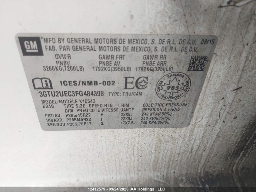 2015 GMC Sierra 1500 Sle VIN: 3GTU2UEC3FG484398 Lot: 12412579