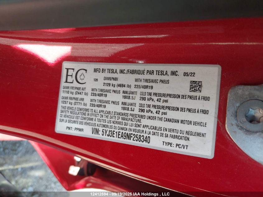 2022 Tesla Model 3 VIN: 5YJ3E1EA9NF258340 Lot: 12412594