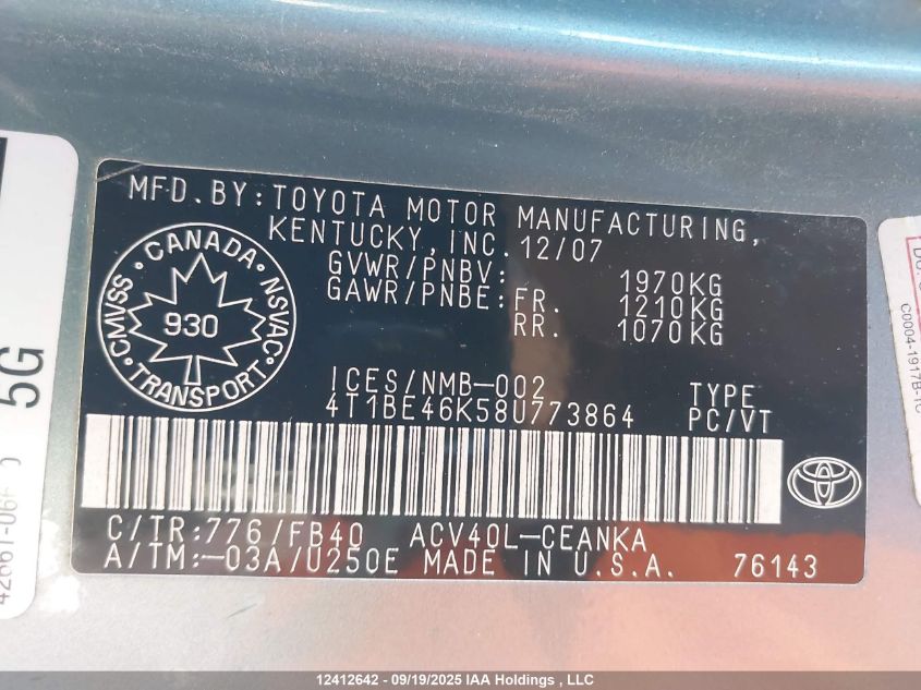 2008 Toyota Camry Le VIN: 4T1BE46K58U773864 Lot: 12412642