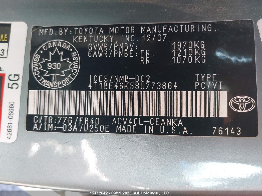 2008 Toyota Camry Le VIN: 4T1BE46K58U773864 Lot: 12412642