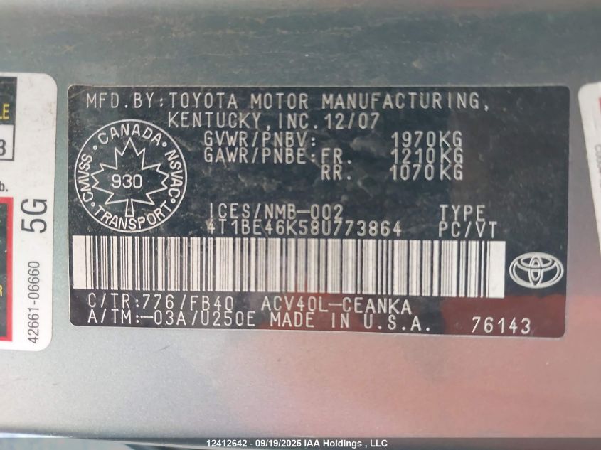 2008 Toyota Camry Le VIN: 4T1BE46K58U773864 Lot: 12412642