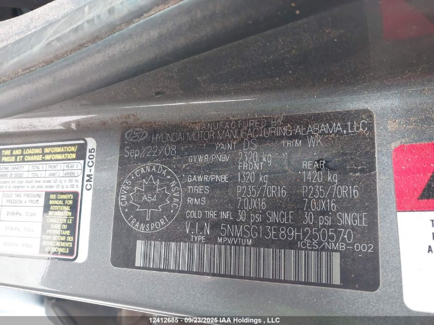 2009 Hyundai Santa Fe Gl VIN: 5NMSG13E89H250570 Lot: 12412685