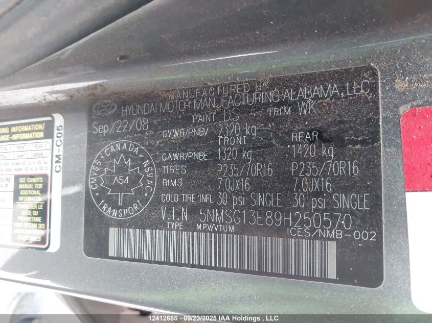 2009 Hyundai Santa Fe Gl VIN: 5NMSG13E89H250570 Lot: 12412685