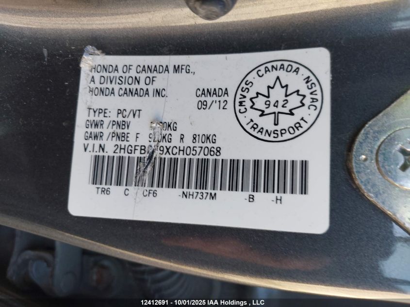 2012 Honda Civic Exl VIN: 2HGFB2F9XCH057068 Lot: 12412691