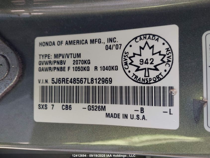 2007 Honda Cr-V Ex VIN: 5J6RE48567L812969 Lot: 12412694