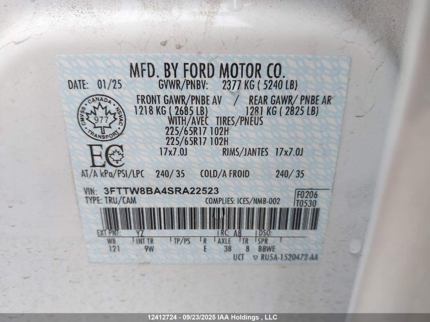 2025 Ford Maverick Xl VIN: 3FTTW8BA4SRA22523 Lot: 12412724