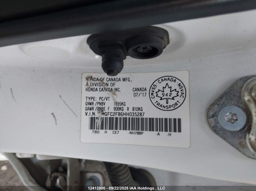 2017 Honda Civic VIN: 2HGFC2F86HH035287 Lot: 12412800
