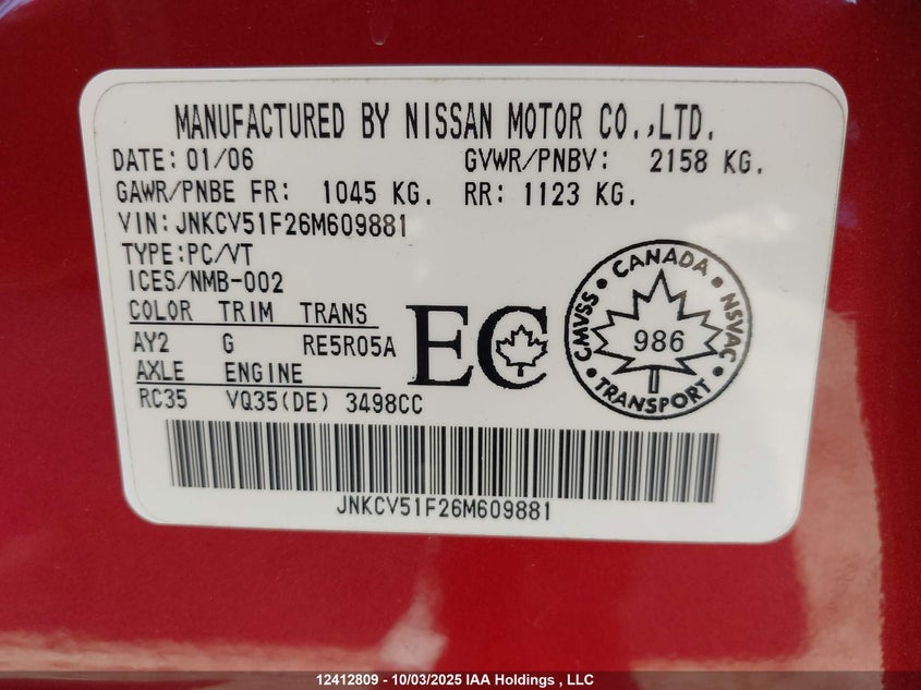 2006 Infiniti G35 VIN: JNKCV51F26M609881 Lot: 12412809