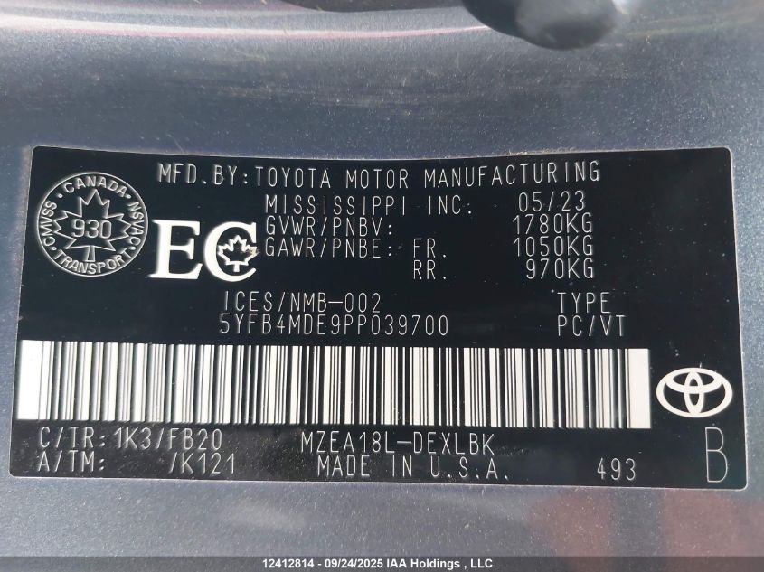 2023 Toyota Corolla Le VIN: 5YFB4MDE9PP039700 Lot: 12412814