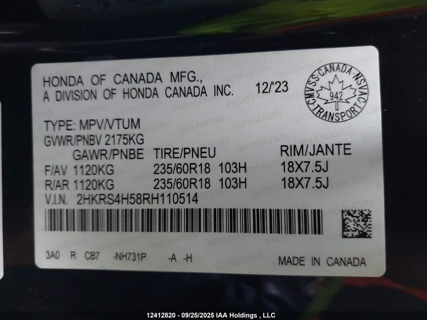 2024 Honda Cr-V VIN: 2HKRS4H58RH110514 Lot: 12412820