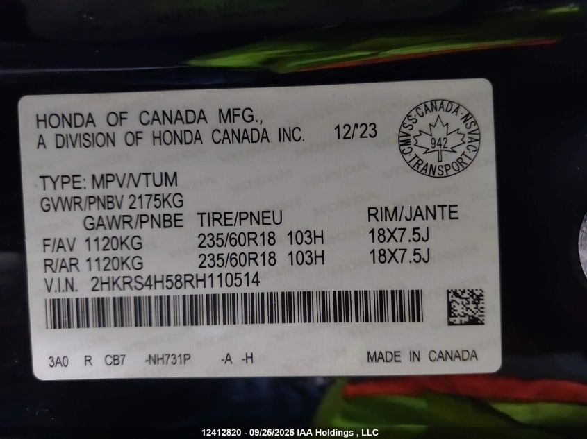 2024 Honda Cr-V VIN: 2HKRS4H58RH110514 Lot: 12412820