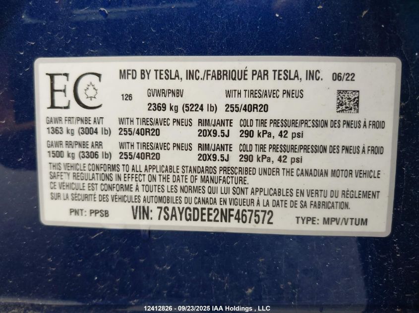 2022 Tesla Model Y VIN: 7SAYGDEE2NF467572 Lot: 12412826