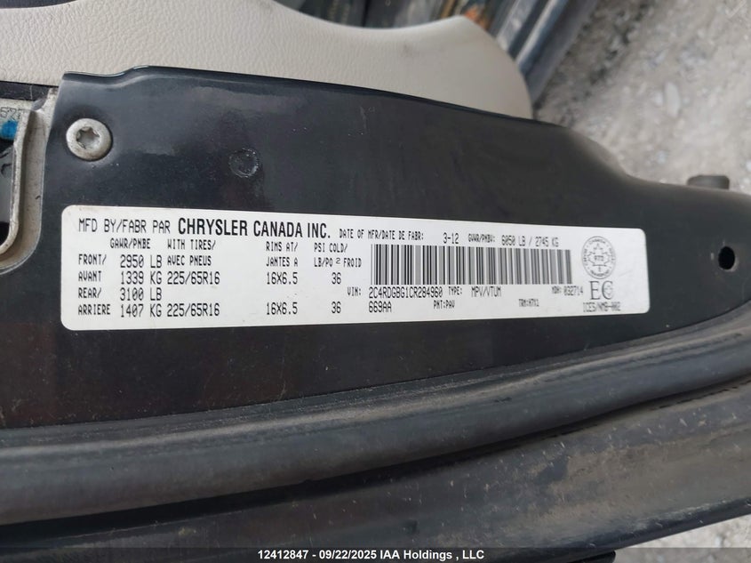 2012 Dodge Grand Caravan Se/Sxt VIN: 2C4RDGBG1CR284960 Lot: 12412847