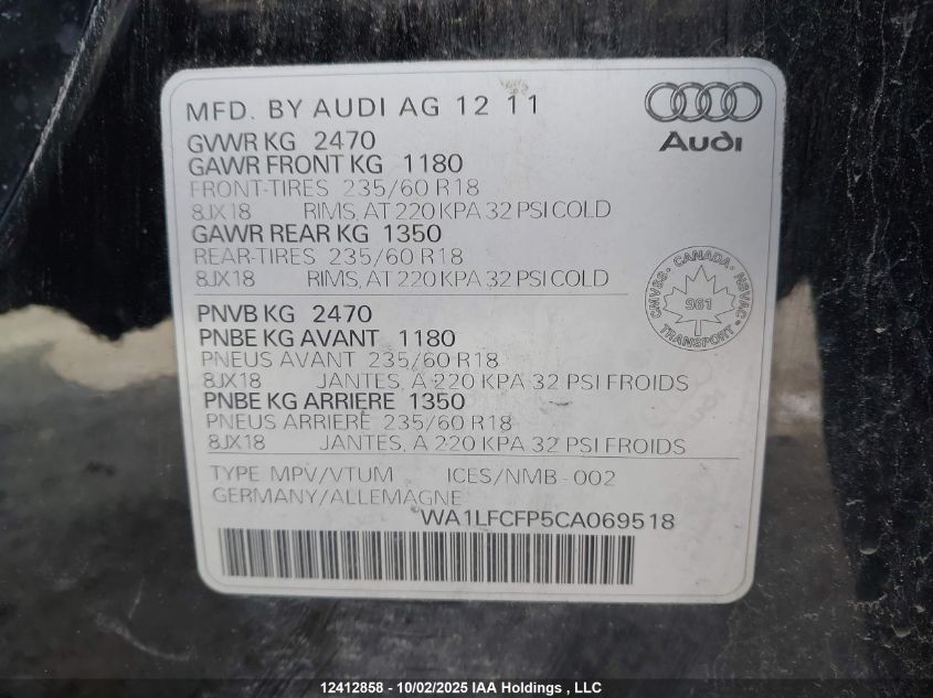 2012 Audi Q5 Premium Plus VIN: WA1LFCFP5CA069518 Lot: 12412858