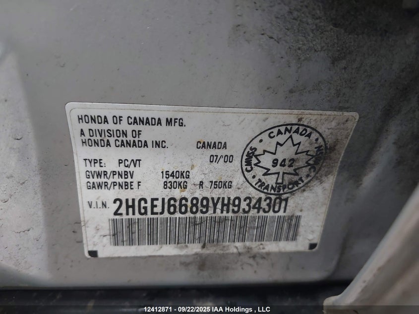 2HGEJ6689YH934301 2000 HONDA CIVIC photo no. 9