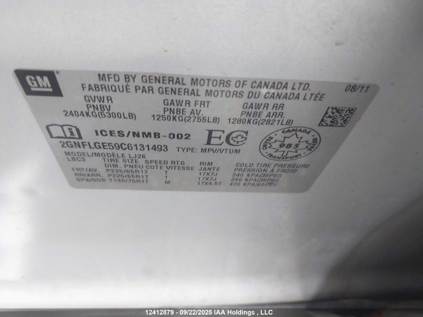 2012 Chevrolet Equinox Ltz VIN: 2GNFLGE59C6131493 Lot: 12412879