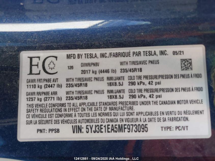2021 Tesla Model 3 Standard Range/Standard Range Plus VIN: 5YJ3E1EA5MF973095 Lot: 12412881