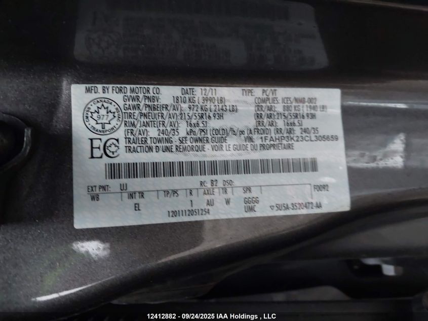 2012 Ford Focus Se VIN: 1FAHP3K23CL305659 Lot: 12412882