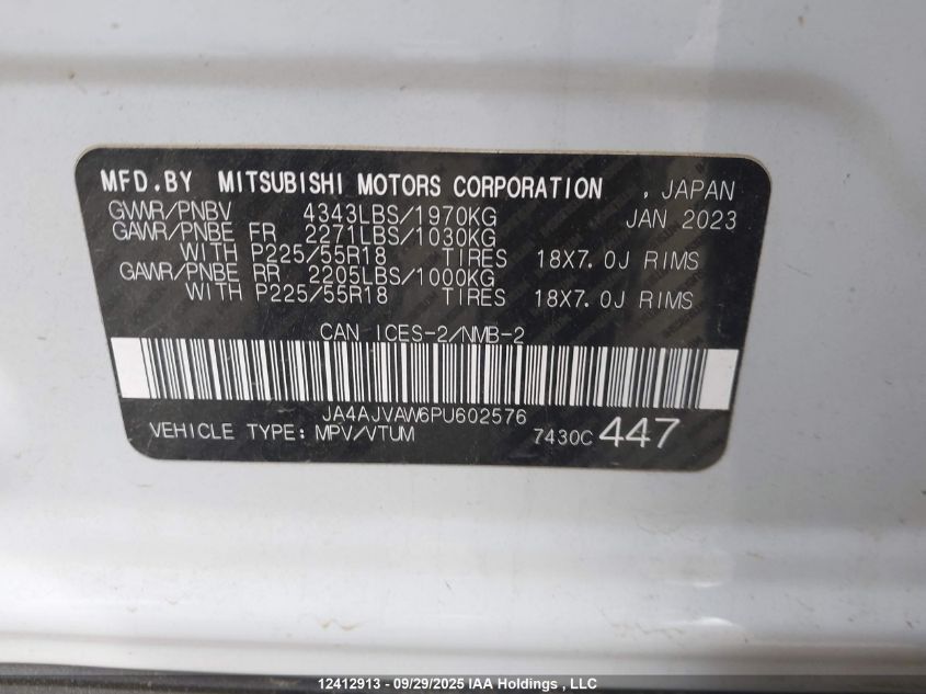 2023 Mitsubishi Rvr Se/Sel/Le/Gt VIN: JA4AJVAW6PU602576 Lot: 12412913